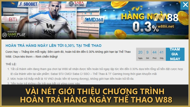 Vài nét giới thiệu chương trình hoàn trả hàng ngày thể thao W88